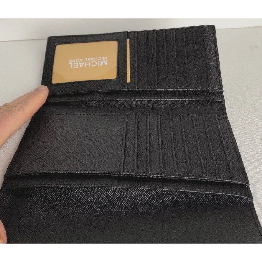 New Michael Kors Jet Set Travel Large Trifold Wallet Leather Black with Gold - Picture 4 of 6